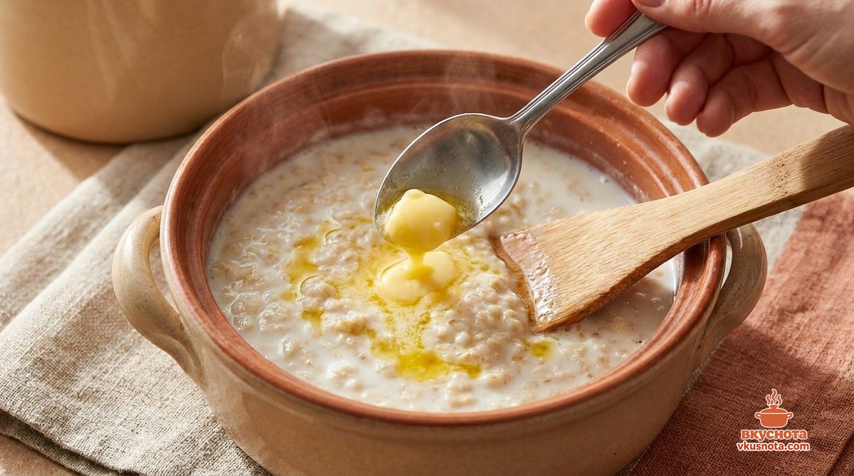 Каша снимается с огня, кладётся сливочное масло, кастрюля накрывается крышкой