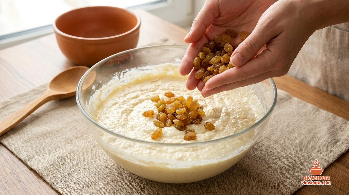 Творожная масса с изюмом, перемешивание