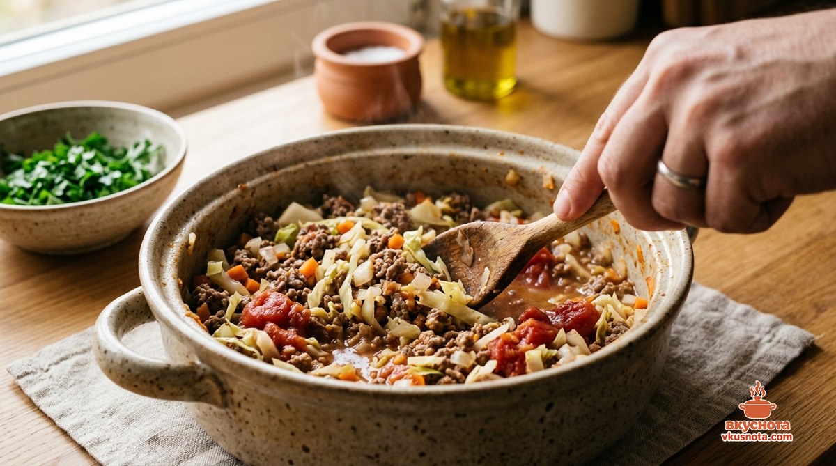 Помидоры добавлены в мясо-овощную смесь, тушение