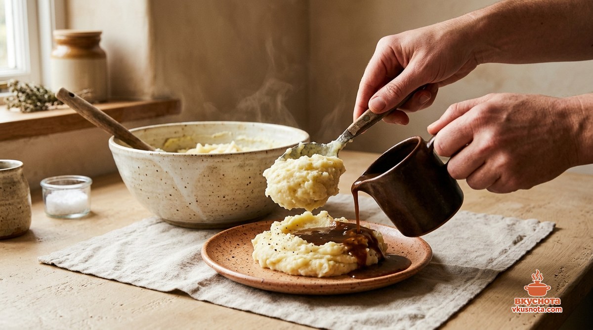 Картофельное пюре в тарелке, политое мясной подливой из говядины