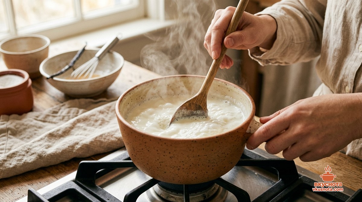 Корнет с кремом — молоко с сахаром доводится до кипения в кастрюле