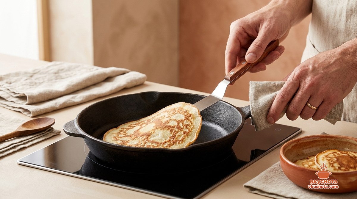 Блин выпекается на сковороде