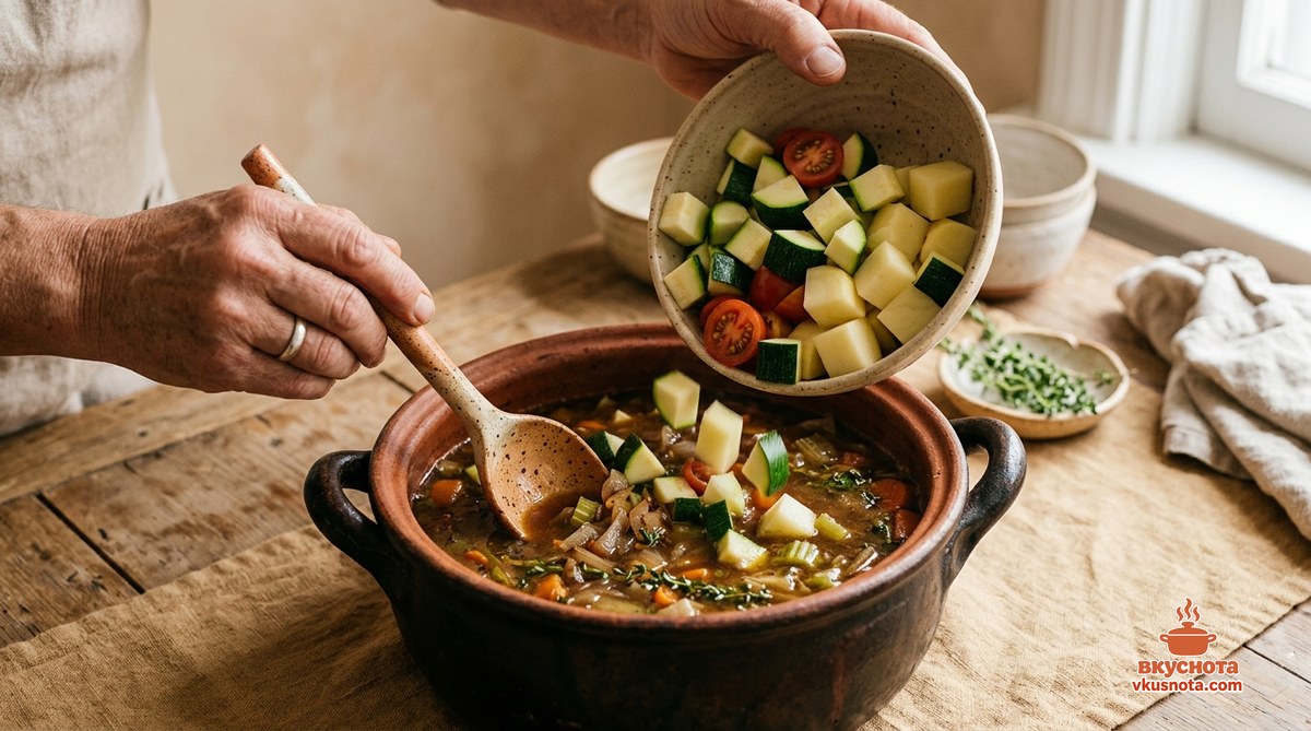Картофель крупными кусочками и овощи слоями выложены в жаровню