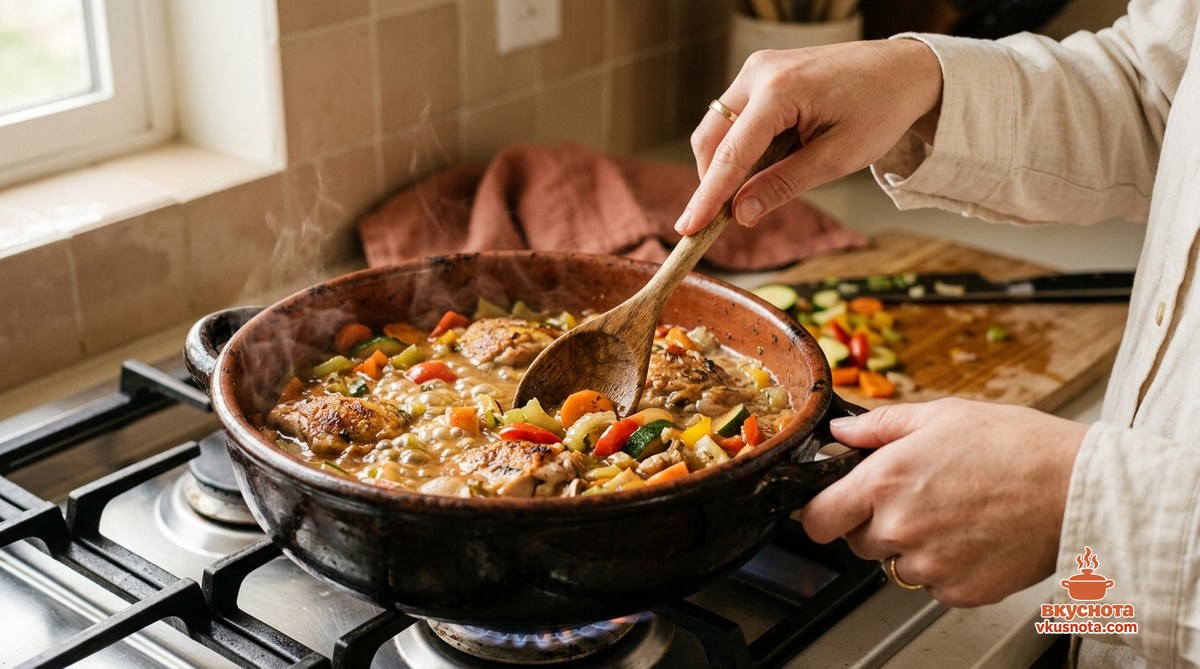 Курица с овощами тушится под крышкой, помешивание лопаткой