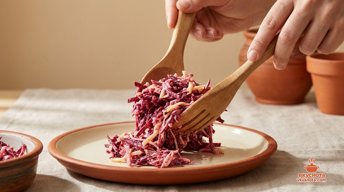 Готовый салат из свеклы с сыром и чесноком в салатнике