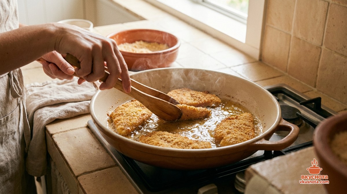 Куриные отбивные жарятся на сковороде в масле, золотистая корочка