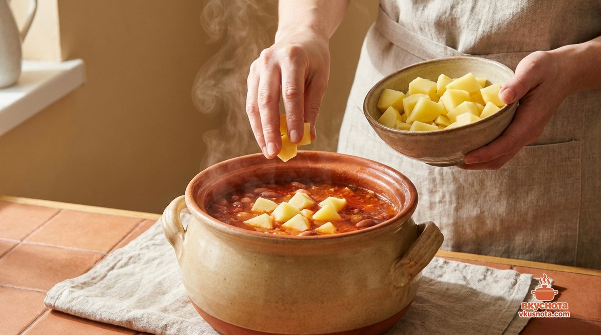 Картофель кубиком добавляется в кастрюлю