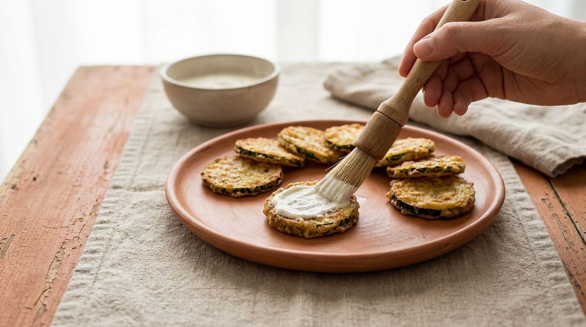 Кабачки на блюде смазываются творожным соусом кисточкой