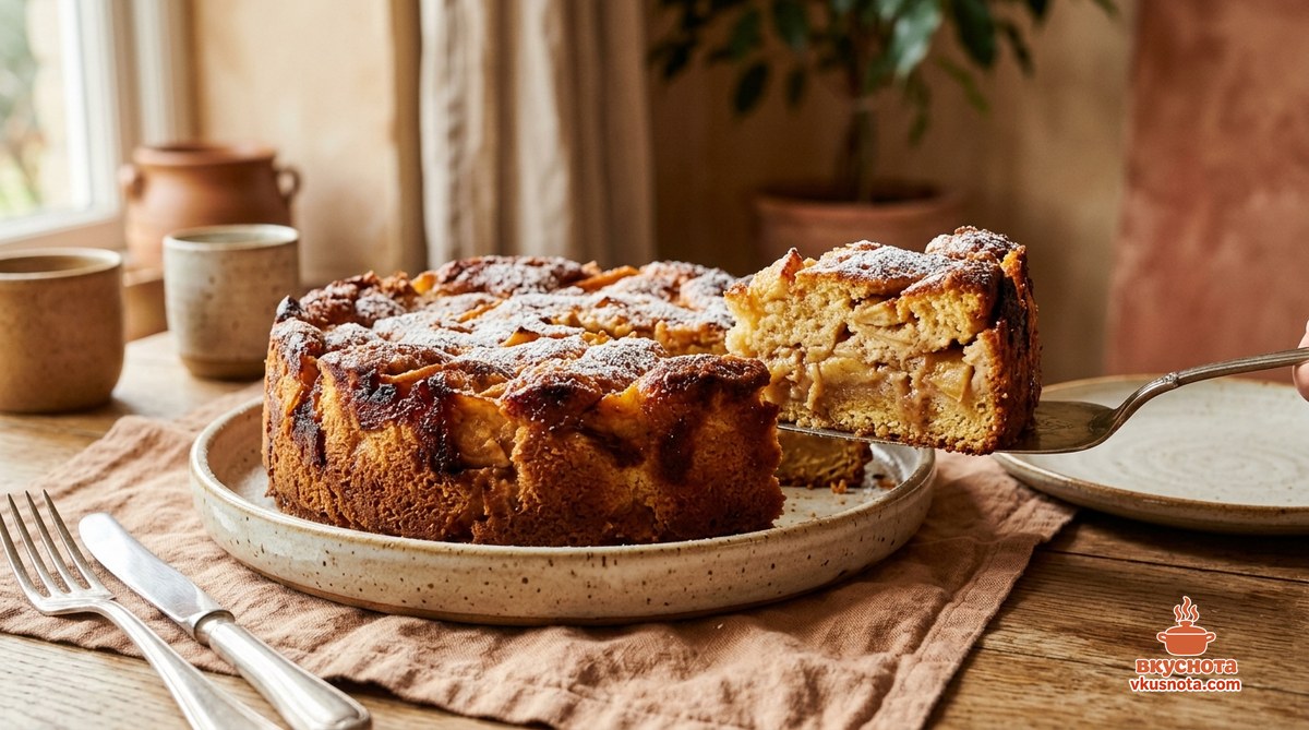 Готовая пышная шарлотка с яблоками на блюде, подача к чаю