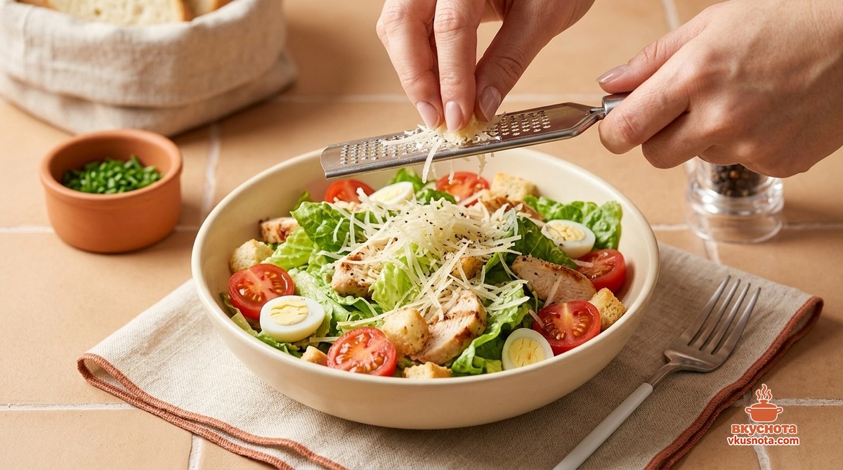 Готовый салат Цезарь с курицей украшен черри, перепелиными яйцами и тёртым пармезаном