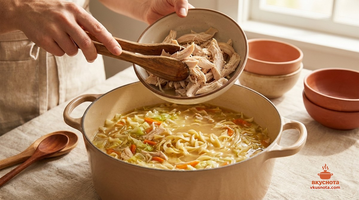 Кусочки курицы возвращены в бульон, суп томится под крышкой