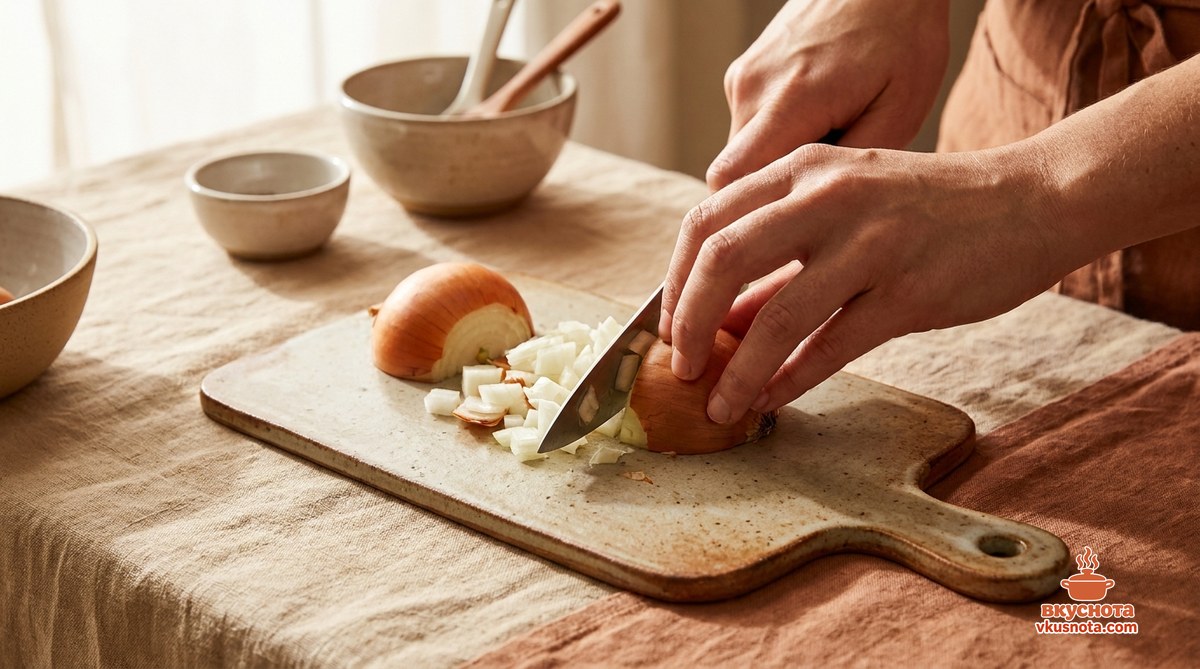 Картофельные зразы с фаршем — лук, нарезанный мелкими кубиками