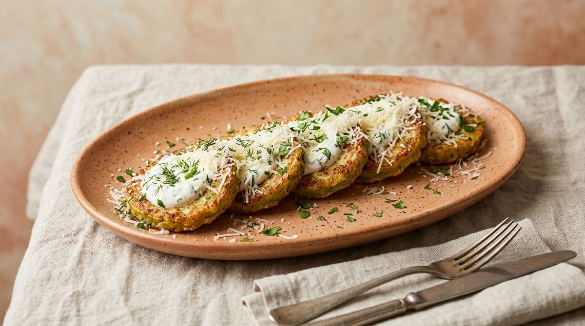 Готовые кабачки на блюде, посыпанные тёртым сыром