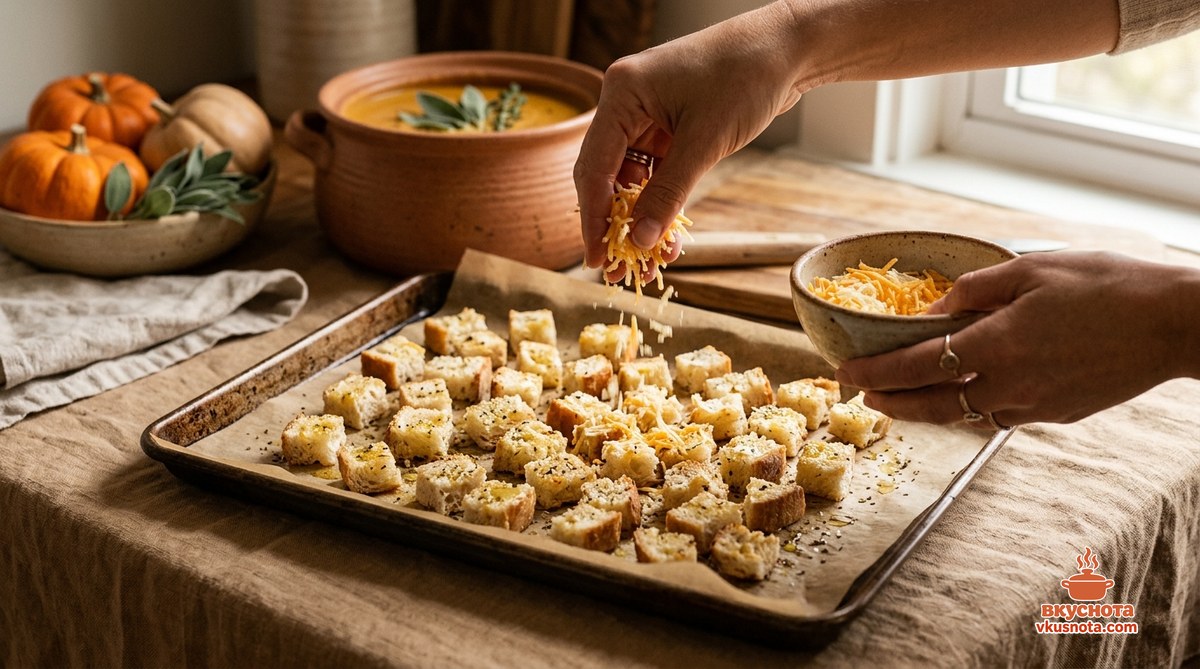 Гренки, посыпанные тёртым сыром, подрумяниваются в духовке