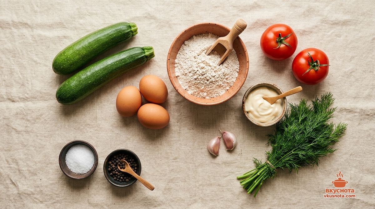 Ингредиенты для торта кабачкового с помидорами и чесноком на льняной скатерти