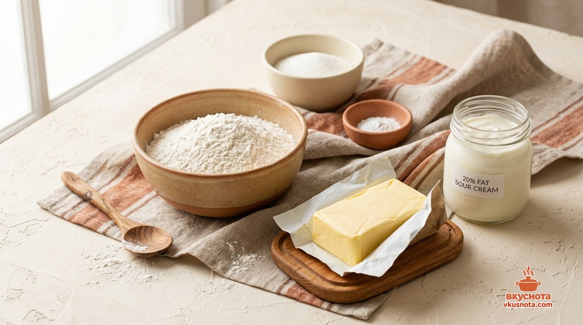 Продукты для торта муравейник: мука, масло, сметана, сахар, вареная сгущёнка