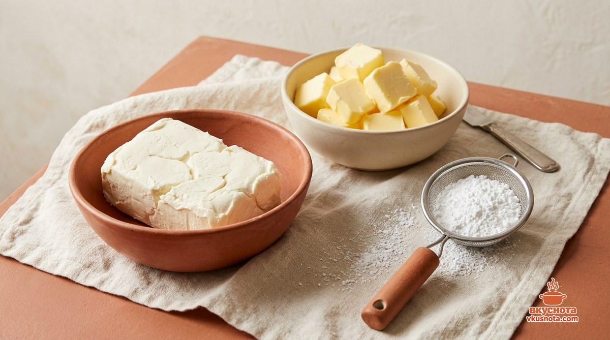 Продукты для крема торта красный бархат — сливочный сыр, масло, сахарная пудра