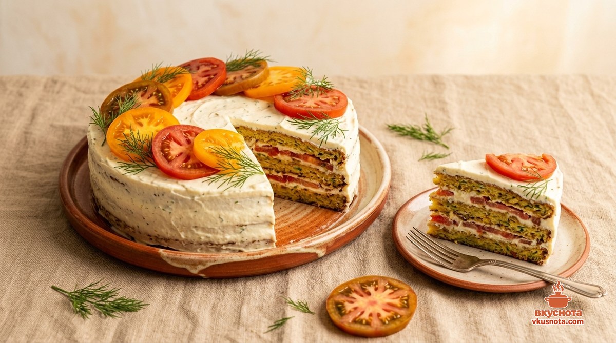 Торт кабачковый с помидорами и чесноком украшен зеленью и подан на стол