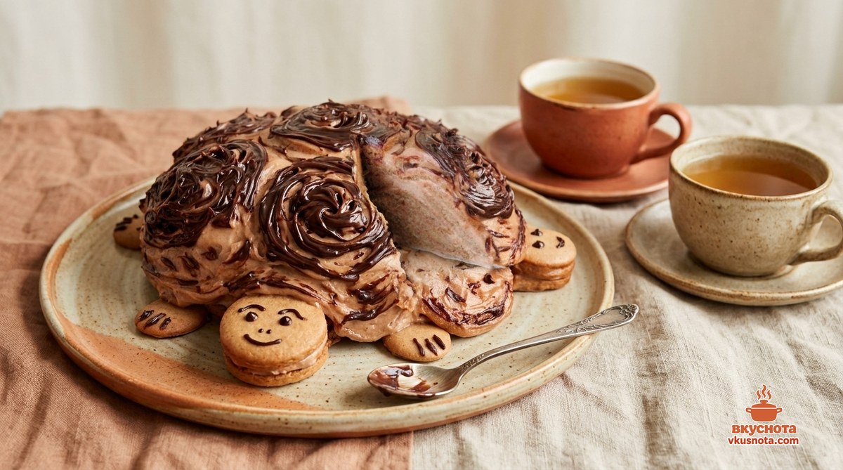 Торт черепаха украшен глазурью: глазки, рот и коготки нарисованы