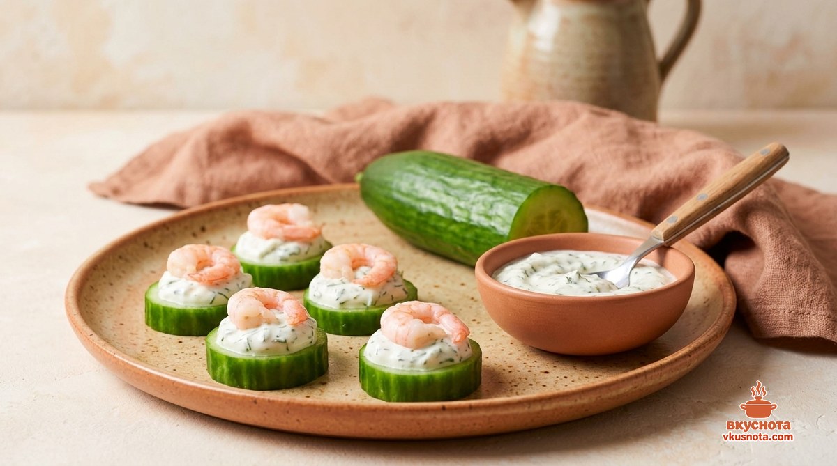 Канапе на шпажках с креветками и свежим огурцом, промазанные соусом