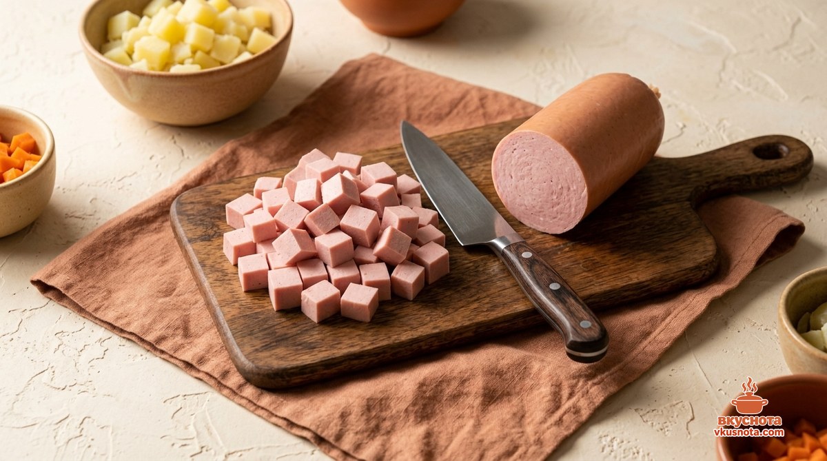 Вареная колбаса для рецепта оливье классического нарезана ровными кубиками