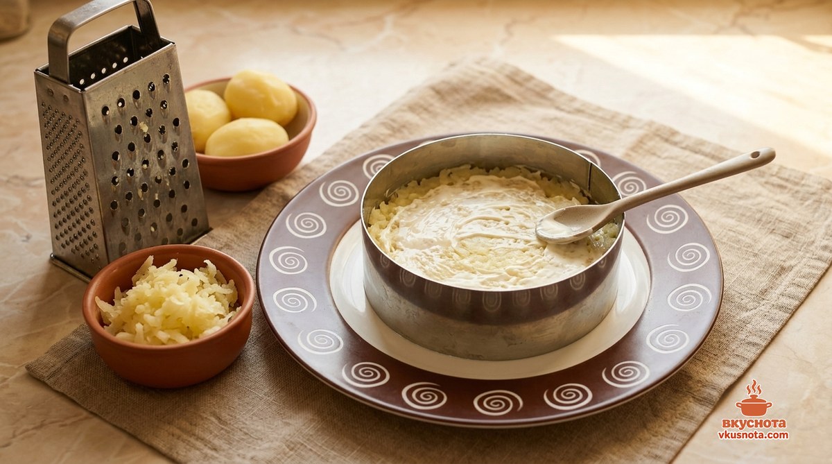 Селёдка под шубой рецепт: тёртый картофель выложен первым слоем в кулинарное кольцо