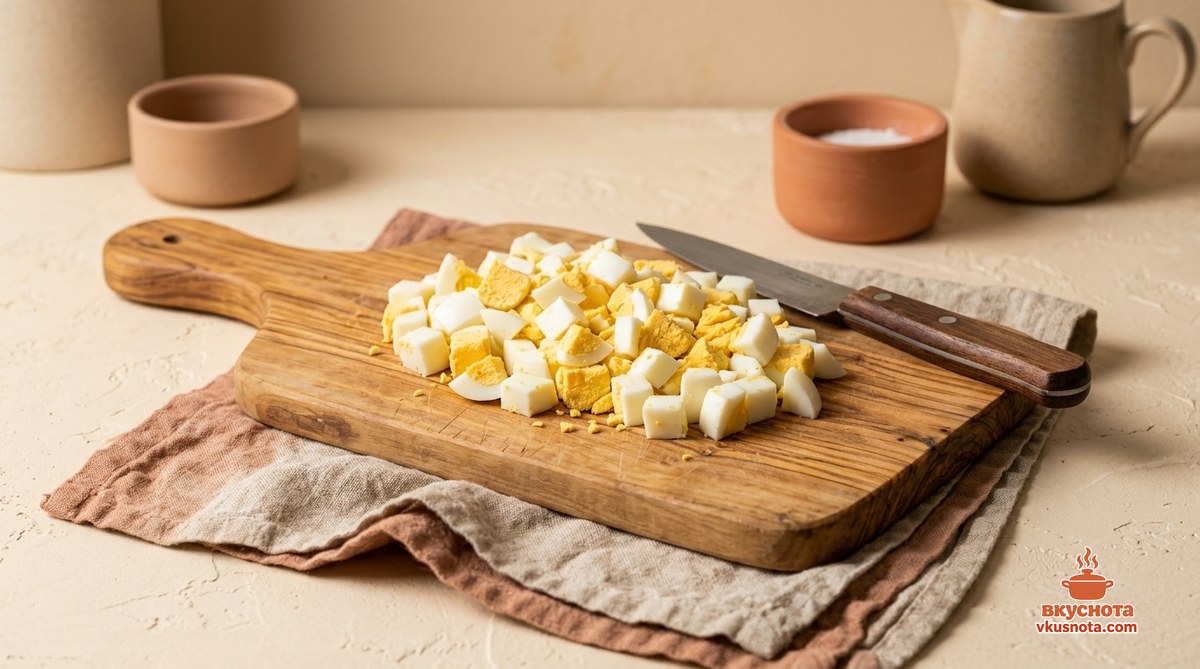 Вареные яйца для оливье классического нарезаны кубиками
